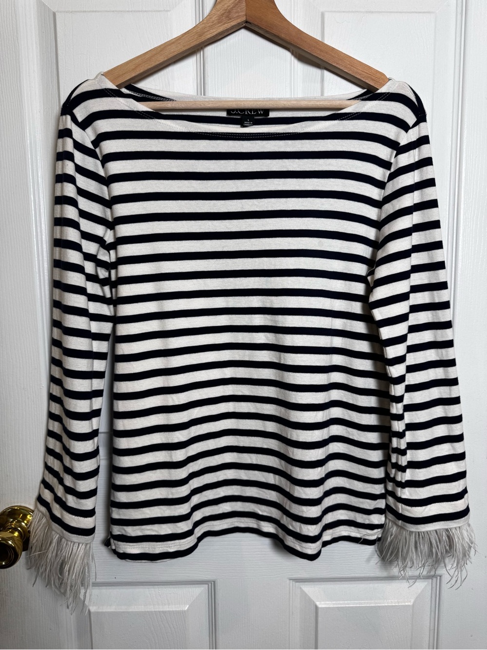 J.Crew Feather Trim Striped Boatneck Top Ostrich Cuffs Coastal Chic Small